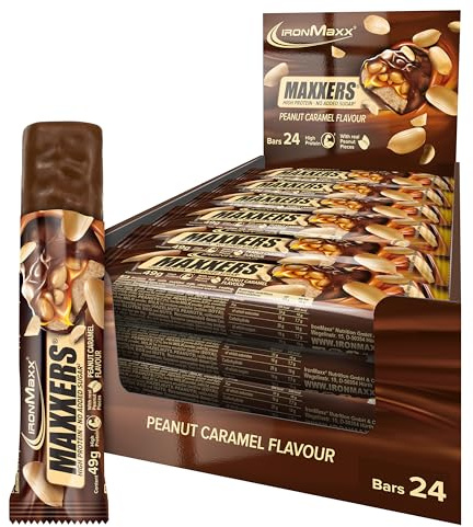 IronMaxx Maxxers Proteinriegel - Peanut Caramel 24x49g | High Protein Snack mit echten Erdnussstücken | Kein zugesetzter Zucker | Perfekt für unterwegs