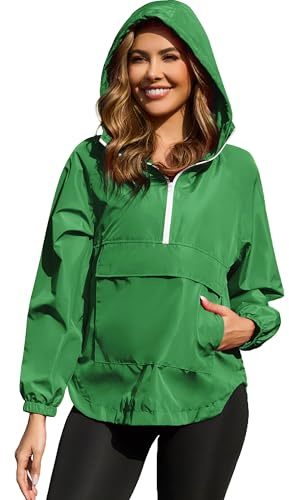 PESION Womens Cycling Running Waterproof Pullover Jackets Lightweight Windproof Biker Windbreaker Jackets with Hooded, Green, Medium