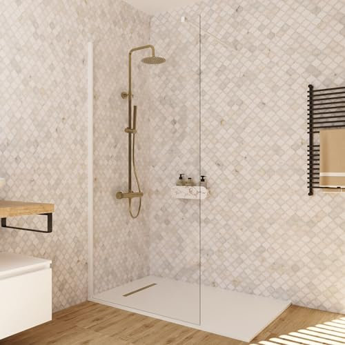 BAIKAL Mampara de Ducha. Panel Fijo de 100cm. Perfil Blanco Mate. Cristal Transparente Templado 8mm de espesor. Tratamiento Antical. Alto 195 cm. Brazo adaptable 60-100cm.