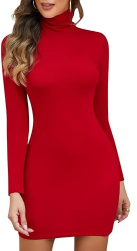 SHAPERIN Damklänning långärmad tröja tröjor med polokrage elegant bodycon vinterklänning termisk stickad tröja, Färg: röd, XXL