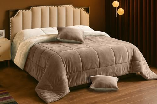 Viterbo Biancheria Piumone Trapunta In Morbido E Soffice Coral Cinigliata Double Face Con 1 Cuscino Made In Italy (Tortora/Panna, Singolo, (180x260CM))