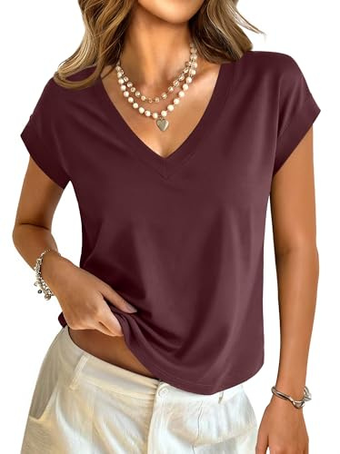 GKBK Womens Cotton Tops Cap Short Sleeve Crop V Neck T Shirts Boxy Casual Basic Spring Summer Tee Red Brown