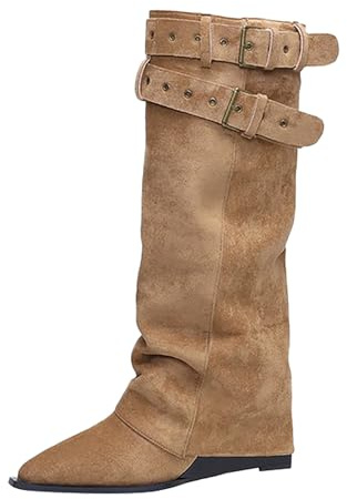 Dam slouchy mocka stövlar dubbel spänne kilklack modeskor | Slouchy mocka stövlar för kvinnor med dubbelt spänne och kilklack för bohemiska vardagliga och dagliga höstkläder