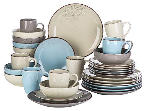 vancasso Serie Navia Nature Vajillas de 32 pcs, Juego de Vajillas, Platos de Cena, Postre, Cuencos y Tazas, Esmaltada Gres Vajillas Retro para 8 Personas