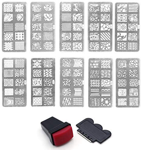 PULABO Kit de estampado de uñas – 1 placa de estampado + 1 sello + 1 raspador – adecuado para profesionales y principiantes – Tamaño de la plantilla: 11,9 cm x 5,8 cm