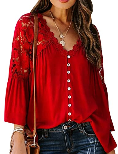 Blouse Femme Col V Manche 3/4 Chemisier Dentelle Femme Chic Et Élégant Haut Femme Chic Et Elegant Chemise Oversize Femme Blouse Tunique Fluide Femme Grande Taille Chemisier Femmes Casual Rouge XXL