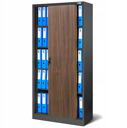 Jan Nowak Armadio per ufficio Archivio con Ante Scorrevoli Metallo 4 Ripiani Verniciatura a Polvere Bloccabile 185 cm x 90 cm x 40 cm (Antracite-Aspetto Legno)