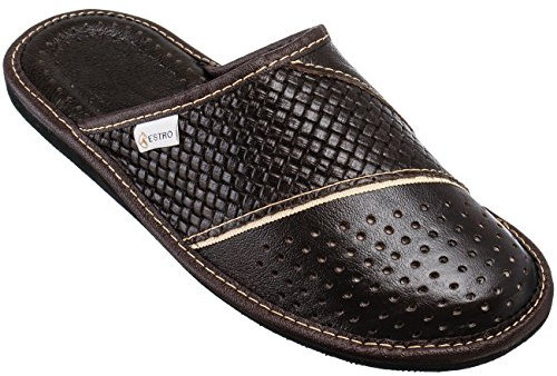 ESTRO Hausschuhe Herren Leder Herrenhausschuhe - Hausschuh Männer Pantoffel Pantoffeln Pantoletten Slipper Mann M66 (43 EU, Braun)