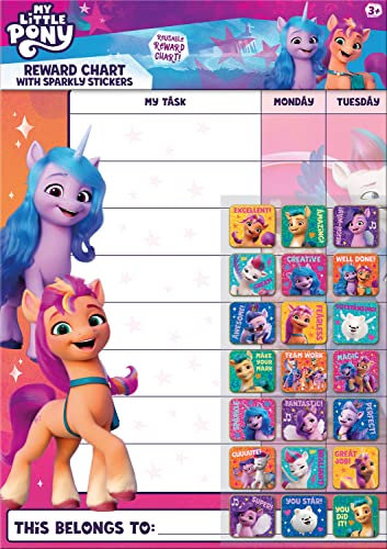 My Little Pony Belohnungstafel im A3-Format, enthält 56 glitzernde Aufkleber, abwischbare Tabelle, offizielles Lizenzprodukt, Aufkleber sind wiederverwendbar auf nicht-porösen Oberflächen, ideal für