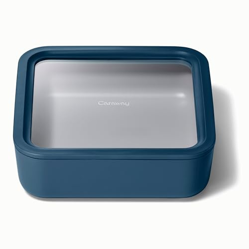 Caraway Glass Food Storage, 10 Cup Glass Container,Ceramic Coated Food Container,Easy to Store, Non Toxic, Non Stick Lunch Box Container with Glass Lids. Dishwasher, Oven,Square Shape,Navy