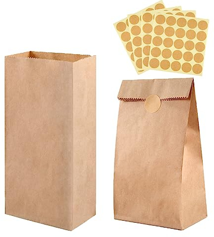 ihaspoko 100 stycken små papperspåsar, 18 × 9 × 5,5 cm, bruna papperspåsar för presenter, kraftpapperspåsar med klistermärken för bröllop, födelsedagar, fester och presenter