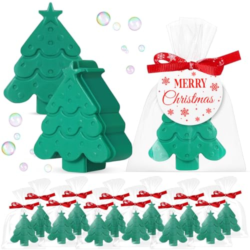 Heigble 90 Pcs Christmas Soap Bars Christmas Gift Bulk with 30 Holiday Glycerin Snowflake Xmas Tree Santa Clause Gingerbread Men Soap 30 Bag 30 Tag for Guest Coworker Bathroom(Green,Xmas Tree)