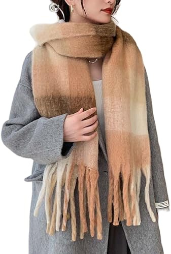 Wander Agio Winter Women Warm Scarf Long Shawl Large Scarves Cold Weather Thick Blanket Scarfs Colorful Plaid Coffee Caramel 13