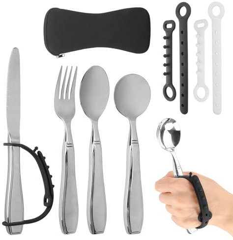 Gewichtete Besteck mit Universal Manschette von Tilcare - Gewichtete Besteck für Handzittern und Parkinson-Patienten-Set mit Tasche, 4 Universal-Manschettenbändern, Gabel, Messer und 2 Löffeln