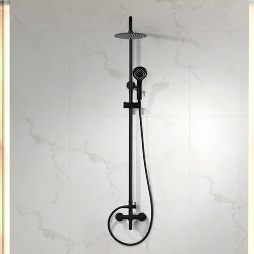 IMEX - Columna Ducha Negra Monomando con Grifo | Conjunto de Ducha con Alcachofa y Flexo | Griferia Monomando con Rociador Efecto Lluvia | Coluna Duche en Latón y Acero Inox S.304 | Serie Roma