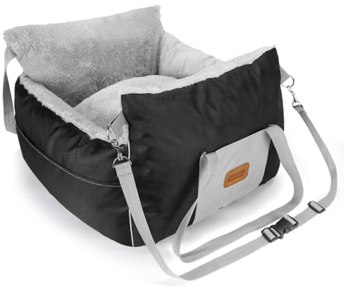 Nobleza Dog Car Seat - Waterproof Warm Plush Bed With Storage Pockets, Durable Booster for Small Dogs and Cats, Non-Slip Travel Bed With Safety Leash, Black