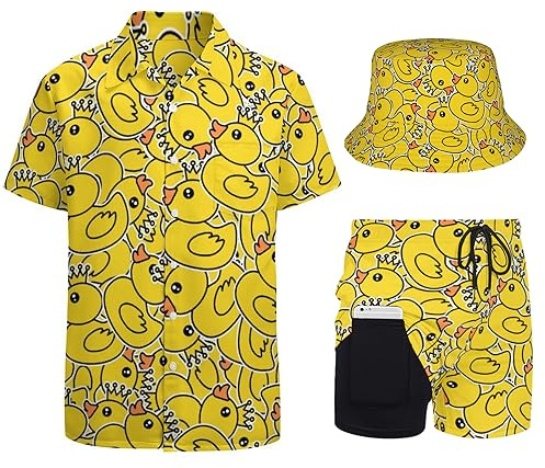 SBKGBIEHG Conjunto de 2 piezas para hombre, estilo retro de los años 80 y 90, traje hawaiano, camisas, pantalones cortos de playa y sombrero de pescador, Patos de goma amarillos de dibujos animados, M
