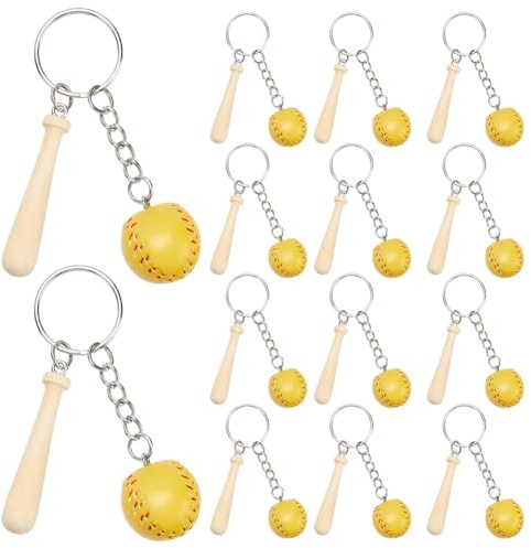 SOFPLATE 12 st gul baseboll och softboll nyckelring bulk trä baseball nyckelringar mini PU-läder baseboll fladdermus softboll nyckelringar sport nyckelringar för festgåvor män kvinnor idrottare