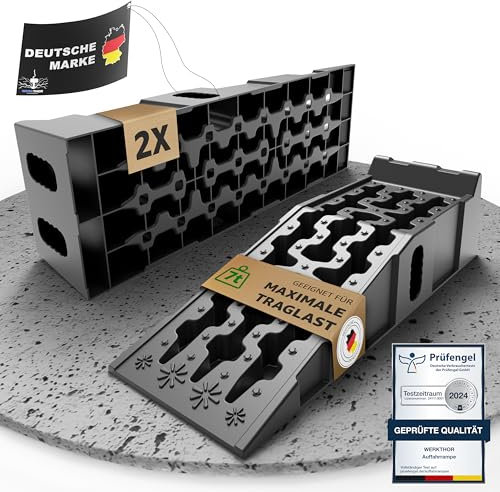 WERKTHOR Auffahrrampe Pkw – [2er Set] Auffahrrampen Pkw für maximalen Halt – Robuste Hebebühne Auto für jeden Untergrund – Auffahrkeile für sicheres Arbeiten – Perfekt für Fahrzeuge [>5T]