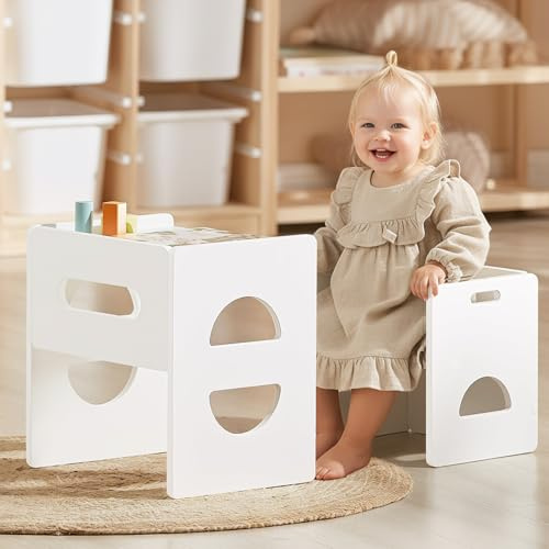 FUNLIO Height Adjustable Montessori Table and Chair Set for Age 1-3, Easy to Assemble, Solid Wood Toddler Table and Chair Set, Weaning Baby Table Chair Set for Reading/Eating/Playing - White
