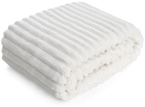 Kuschelige Decke mit Streifenmuster, Weiche Kuscheldecke, Soft, Gestreifte Sofadecke, Flauschige Wohndecke, Steppdecke, MIKROFASER (Weiß, 150 x 200 cm)