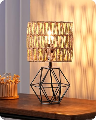 EDISHINE Lámpara de Mesa Vintage, con Pantalla Bohemia Tejida a Mano y Base de Hierro, Incluye Bombilla LED con Luz Blanca Cálida de 2700K, Ideal para Dormitorio, Sala de Estar y Oficina
