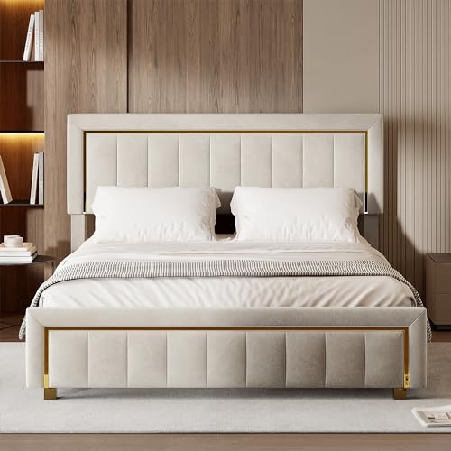 Mutuolux Lit Coffre 160x200 de Rangement avec Tête de Lit Matelassée, Lits Double avec Hydraulique et sommier à Lattes,Cadre en Velours Blanc avec Bordures Dorées,pour Adolescents et Adultes,Beige