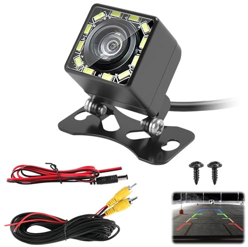 Car Backup Reversing Camera Color HD 720P 170° Wide Angle Rear View Parking Camera with 12 LED IP68 Waterproof Reverse Camera for Trucks Vans Bus SUVs RVs Caravan, 6m RCA Cable