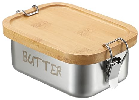 SUMNACON Butterbox con tapa de bambú, mantequera de acero inoxidable, apta para microondas/lavavajillas, con hebilla, campana de mantequilla sellada para el hogar y la cocina, plata 550 ml