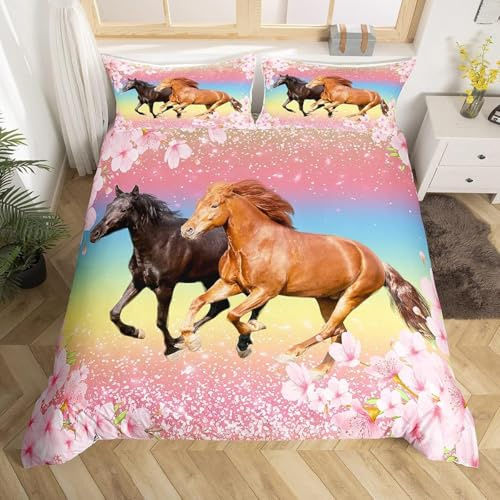 richhome Juego de ropa de cama con diseño de caballo para niñas, tamaño doble, juego de funda de edredón con diseño floral rosa para niños, juego de funda de edredón con flores de cerezo y animales