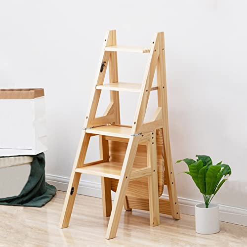 IXMLDAXD footstool， Solid Wood Folding 4 Step Ladder Chairs Stool, Household Foldable Step Stool Ladder Chair Portable Stepla