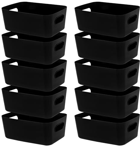 LYLIDIA Lot de 10 boîtes de rangement en plastique - 30 cm - Noir - Grand panier de rangement - Pour salle de bain, armoire de cuisine, étagère, organisateur