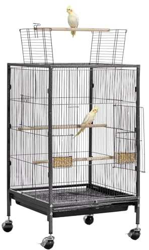 VEVOR Gabbia Voliera per Uccelli da 460 x 460 x 770 mm, Parte Superiore Piatta Aperta, in Ferro Battuto con Trespoli, Vassoio Estraibile e Mangiatoie in Plastica, Ruote, per Pappagallo, Cinciarella