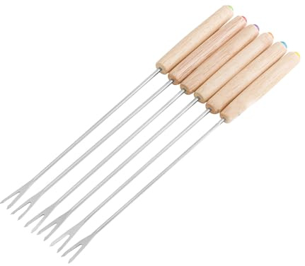 6 forchette per fonduta in acciaio inox, bastoncini per fonduta di formaggio, bastoncini con manico in legno, resistenti al calore, per fonduta di formaggio e cioccolato, feste,