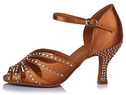 HROYL Zapatos de Baile Latino Mujer Comodos con Brillantes Zapatos Baile de Salón Mujer Salsa y Bachata,QJW-L375,Marrón,39EU