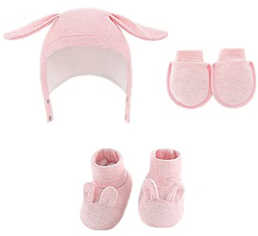 Bebé recién nacido algodón Caps Las acciones manoplas - Gorras de algodón suave algodón del bebé Sombreros y manoplas para bebés de Scratch Guantes para el bebé 0-5 meses (rosa)