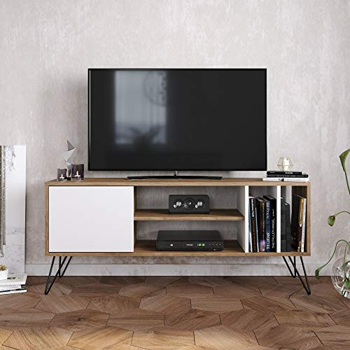 DECOROTIKA Mistico TV Stand TV Unit and Media Console with Cabinets and Open Shelves | 140 cm Wide | Accommodates TVs up to 60'' | Space Saver (Walnut & White)