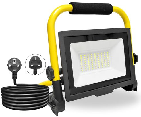 PICAA Foco de Trabajo LED 50W,5000LM,Foco LED Portátil con Giratorio 360º,Impermeable,Soporte plegable,para Uso en Interiores y Exteriores,para Obra, Taller, Garaje,6500K Luz Blanca