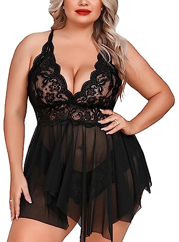 Aranmei Plus Size Lingerie for Women Open Front Babydoll Lingerie Strap Lace Chemise Sexy Nightwear, Black, XL