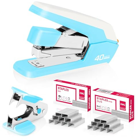 Deli Effortless Desktop Stapler, Heavy Duty Stapler, 40-50 Sheet Capacity, One Finger, No Effort, Includes 1500 Staples & Staple Remover, Sky Blue