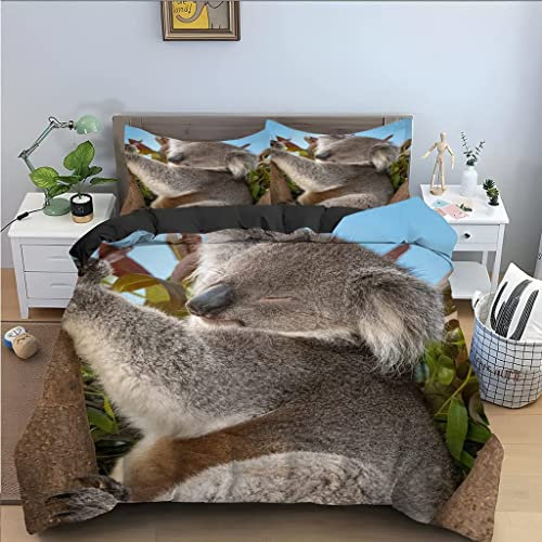 Sezhiqeu Niedlicher Koala Für Kinder Bettwäsche 200x200, 3D Muster Weich Mikrofaser Winter Bettwäsche-Sets Dschungel-Tiere Bettbezug + 2 Kissenbezug 80x80 cm mit Reißverschluss D-340