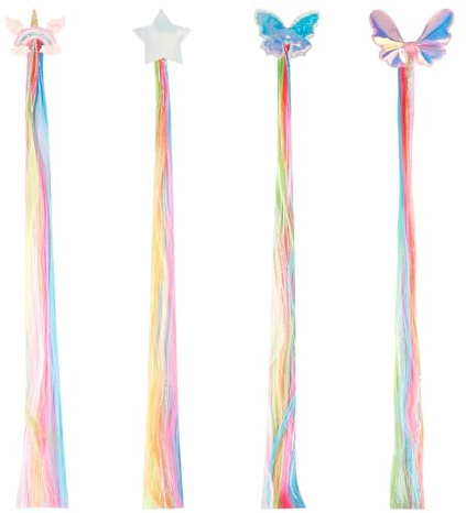 Thyonta 4PCS Girls Colourful Hair Clip Extensions, Unicorn Star Bow Hair Braids with Clips, Rainbow Hair Accessories for Kids Birthday Parties, Fancy Dress, Halloween & Cosplay