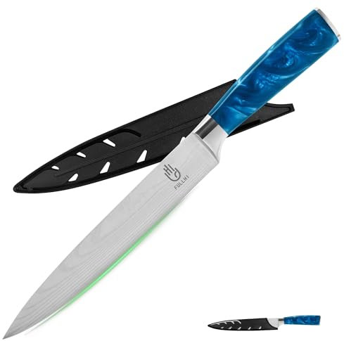 FULLHI Coltelli per affettare, Colore 20cm Coltello giapponese con fodero, Coltello per intagliare Coltello da cucina in acciaio inox con guardia (Resina blu)