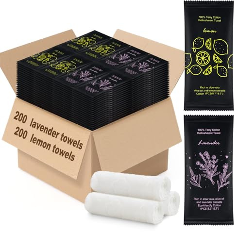 Hot or Cold Moist Cotton Towel Bulk Moist Towelettes Individually Wrapped | 400 White Towel Services,Refreshment Pre Moistened Towels Lavender and Lemon Scent for Travel Sport Party Hote8.7 x 8.7