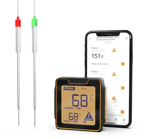 Thlevel Termómetro Cocina Termómetros Barbacoa Digitale Termómetro Carne Inalámbrico Bluetooth Distancia de Conexión 100 Metros con 2 Sondas Pantalla LCD Retroiluminada para Parrilla Horno Ahumador