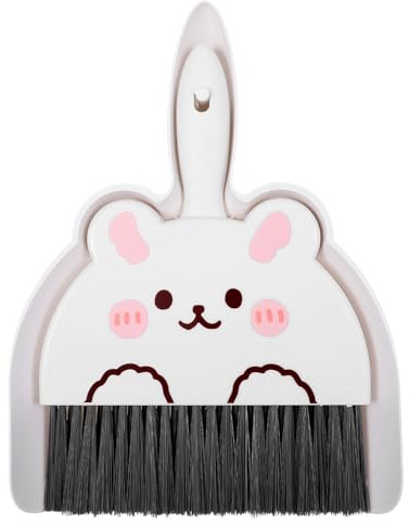 Mini Dustpan and Brush Cute White Rabbit Small Dustpan and Brush Portable Tiny Table Dust Pan Brushes Set for Camping Home Kitchen Office Desktop Pet Hair Small Space Cleaning