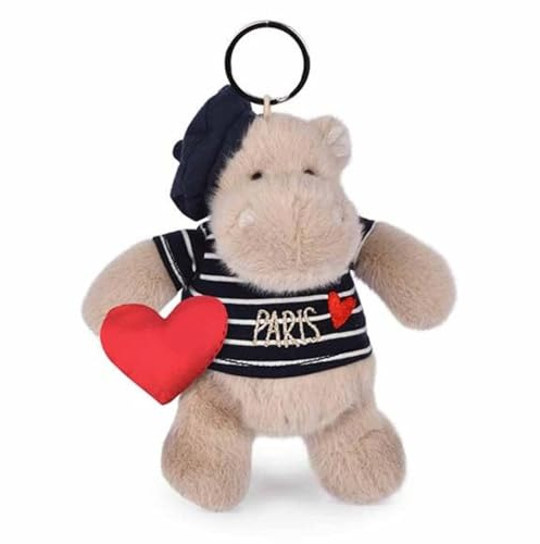 DOUDOU ET COMPAGNIE - Porte-Clés Peluche Hippopotame Marinière -14 Cm - Collection Amour de Paris - Acessoire Peluche avec Béret & Cœur - Idée Cadeau Souvenir Paris pour Adultes et Enfants - SP4285