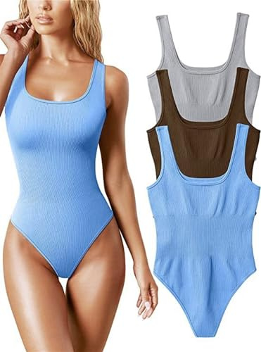 JXHSWDG 3-delade bodysuits för damer Sexiga ribbade fyrkantiga halsringade ärmlösa linnetrosor Thong Body, T-shirt Shapewear Bodysuits