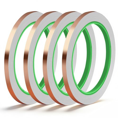 Rindion 4 Pack Copper Tape, 1/4inch X 196.8FT Double-Sided Conductive Copper Foil Tape, Copper Tape Conductive Adhesive for EMI Shielding, Electrical Repairs, Guitars, Grounding, Craft Decorations