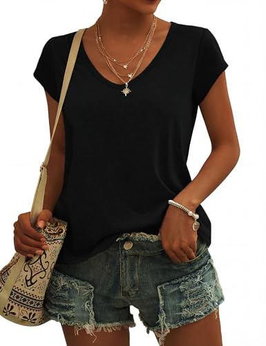 Leversic Camisetas Verano Mujer Básicas con Cuello en V Manga Corta Holgadas Ligeras de Color Liso S-XXL